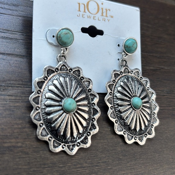 nOir Jewelry post drop earrings, silver tone concho, faux turquoise stones - Picture 1 of 6